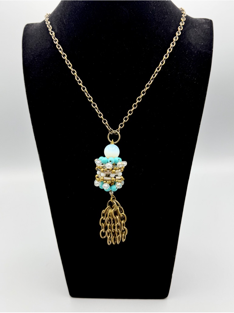 Pam Hiran Beaded Pendant Necklace Gold Tone Tassel 30” Artisan